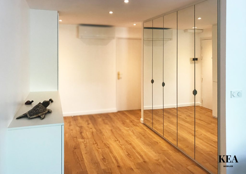Dressing d'entrée sur mesure Villeurbanne Portes miroir. Cache compteur électrique. Rangement vêtements et chaussures