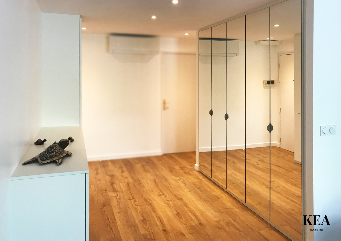 Dressing d'entrée sur mesure Villeurbanne Portes miroir. Cache compteur électrique. Rangement vêtements et chaussures